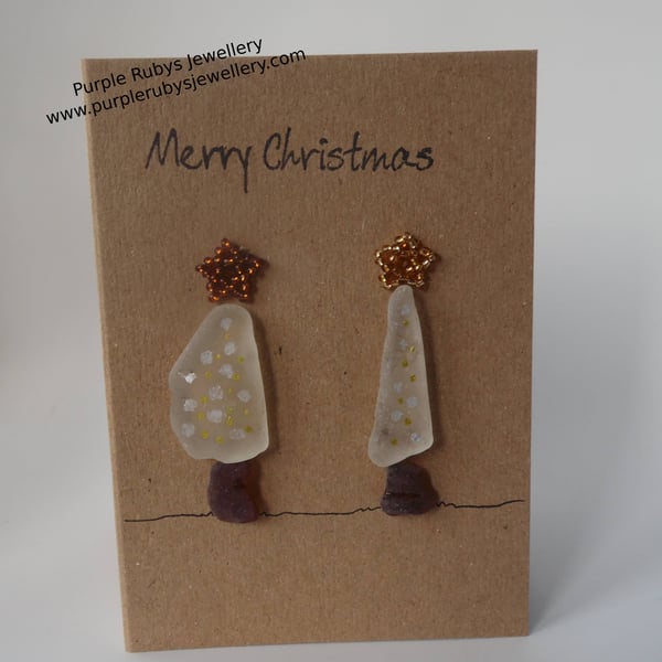 Sea Glass Snowy Christmas Trees with Gold & Silver Lights Christmas Card C263