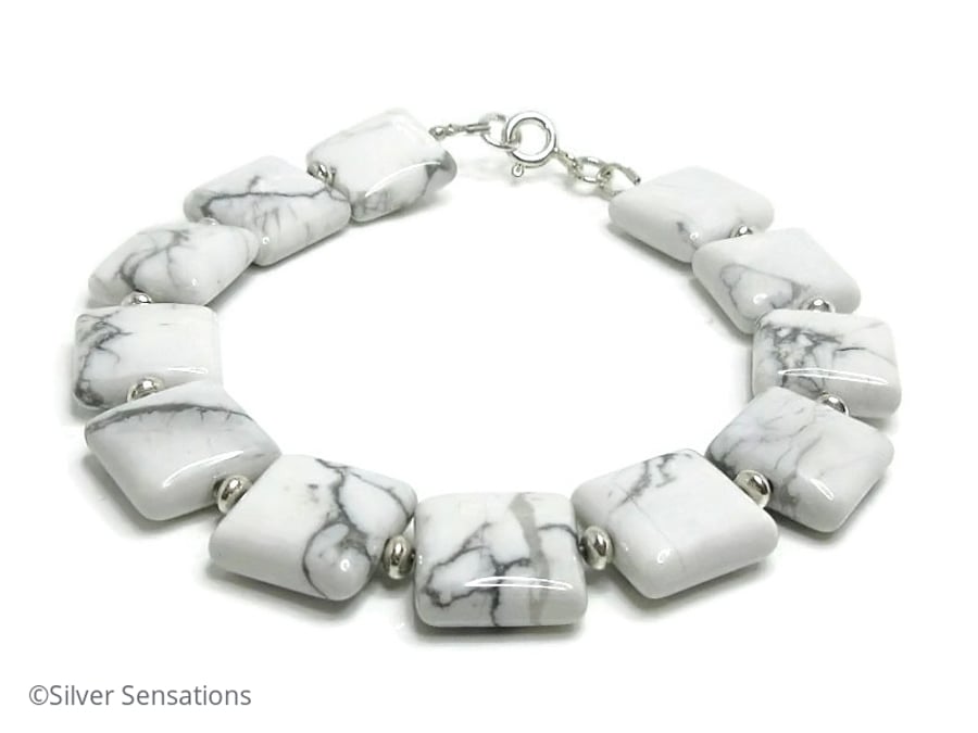 White Howlite Squares Bracelet With Sterling Silver - White Beaded Bracelet