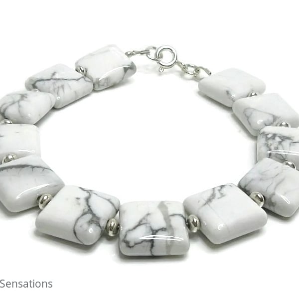 White Howlite Squares Bracelet With Sterling Silver - White Beaded Bracelet