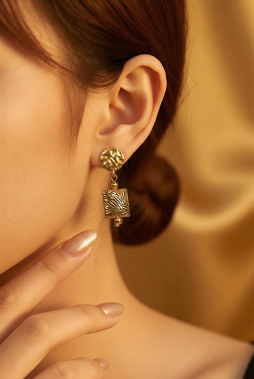 Gold Tibetan Square Drop Earrings Hammered Brass Stud Gold Plated
