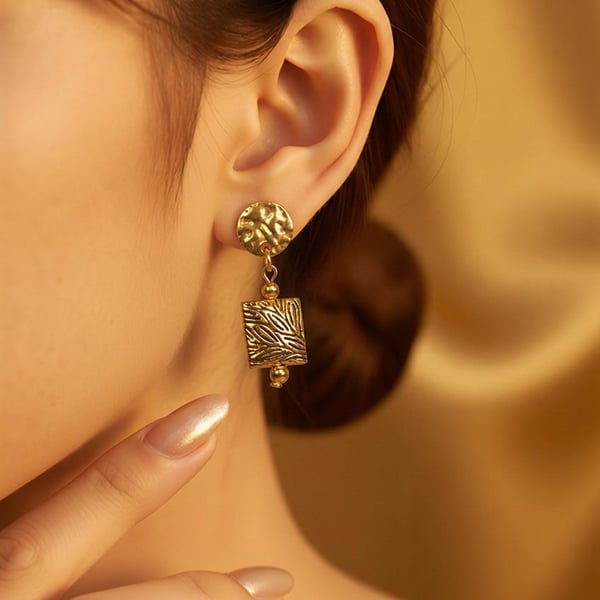 Gold Tibetan Square Drop Earrings Hammered Brass Stud Gold Plated