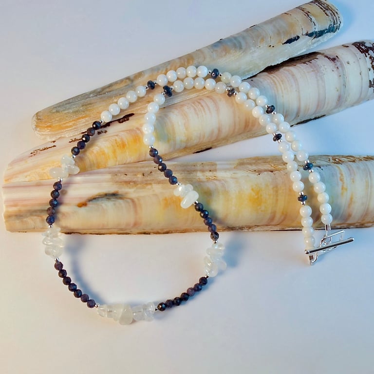 Real Sapphire, Moonstone & Sterling Silver Necklace, September Birthstone Gift