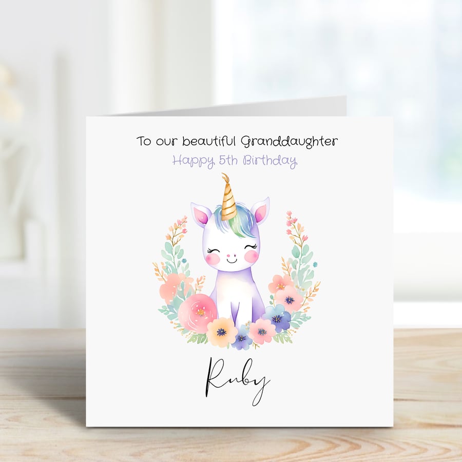 Unicorn with flower crown Birthday Card Personalised with Name 