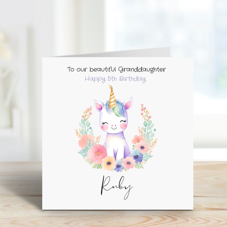 Unicorn with flower crown Birthday Card Personalised with Name 