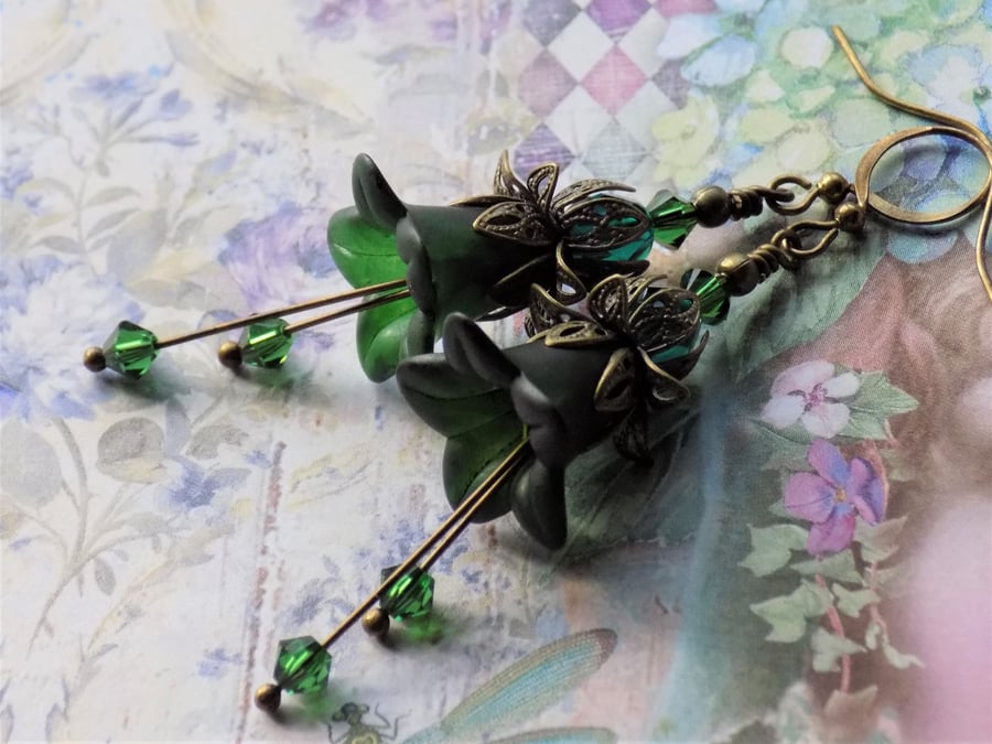 Dark Green, "Evergreen" Hand Painted Lucite Flower Earrings, Floral Boho Vintage