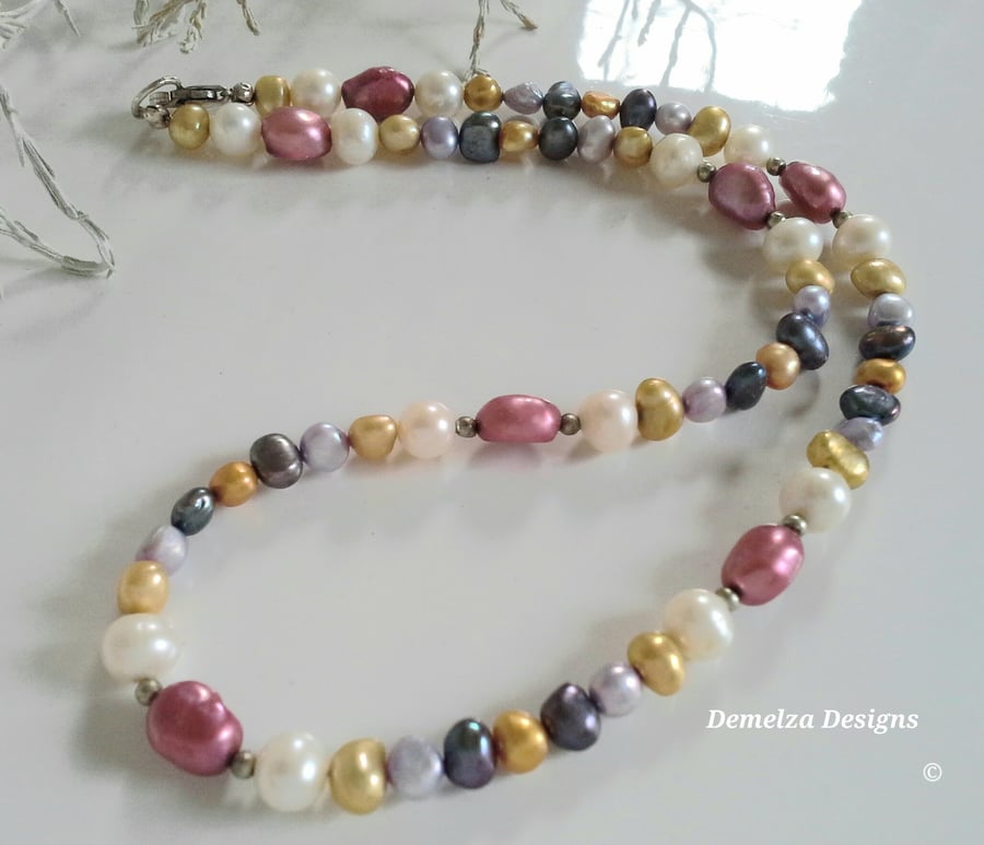 Freshwater Multicoloured Baroque Pearl Sterling Silver Necklace