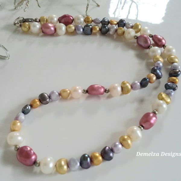 Freshwater Multicoloured Baroque Pearl Sterling Silver Necklace