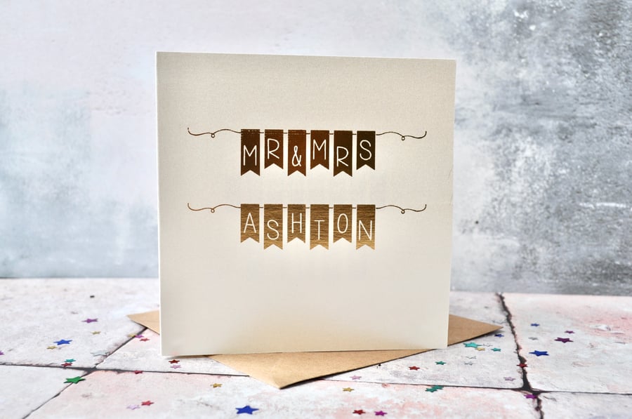 Personalised Bunting Gold Foil Wedding Card