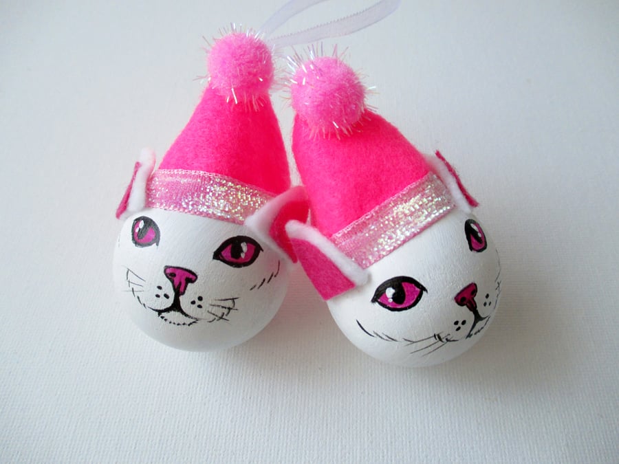 Cat Christmas Bauble Tree Decoration Pink White Kitten Pussy Xmas x2