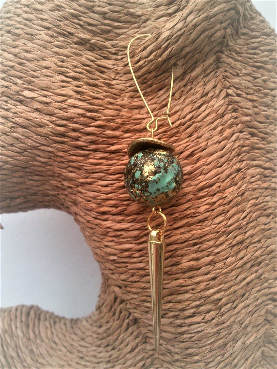 Green Gold Dangle Earrings, Long Charm Spear Earrings