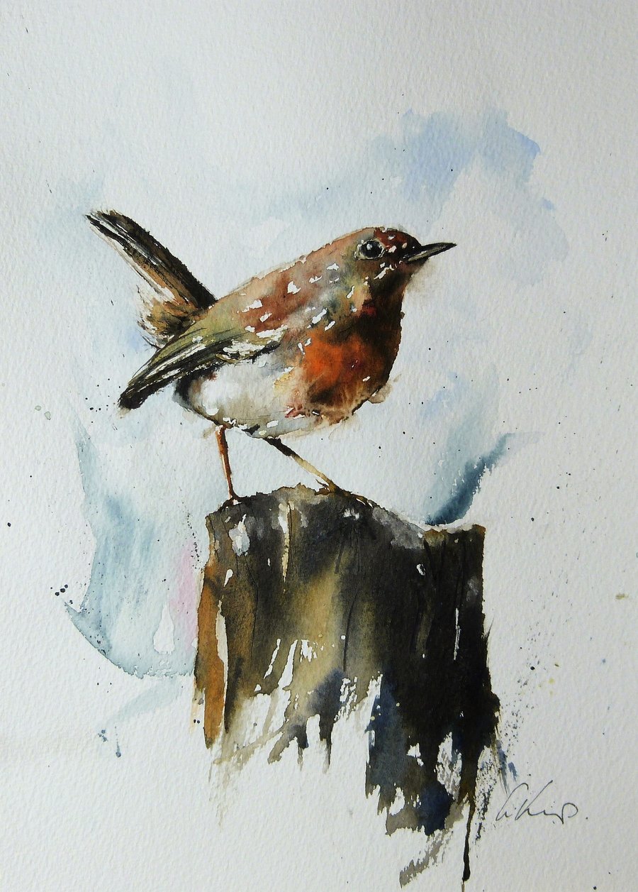 Robin on a post, Original Watercolour Painting.