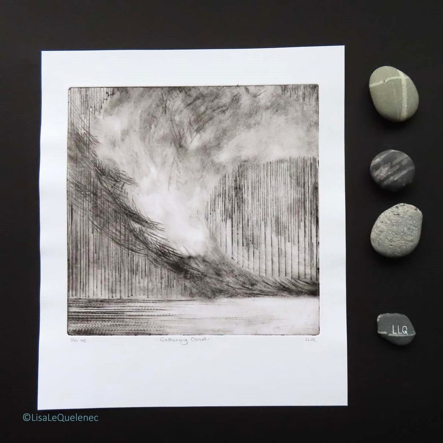 Gathering Cloud drypoint etching storm over the sea coastal art print no.1 of 10