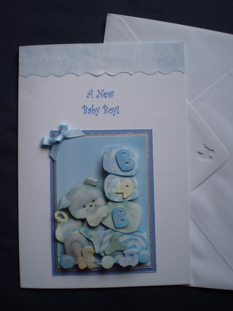 Handmade Decoupage Baby Boy Card,Personalise
