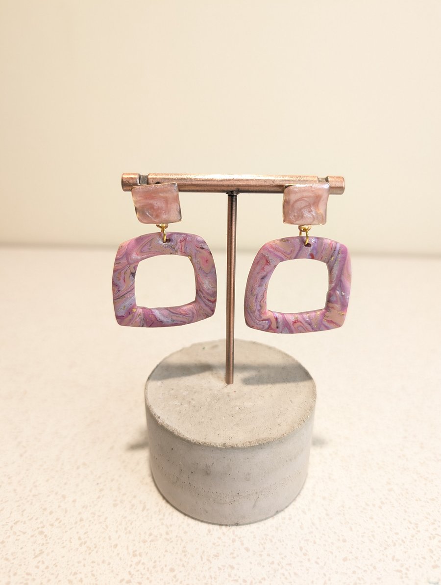 Pink marble large square polymer clay earrings