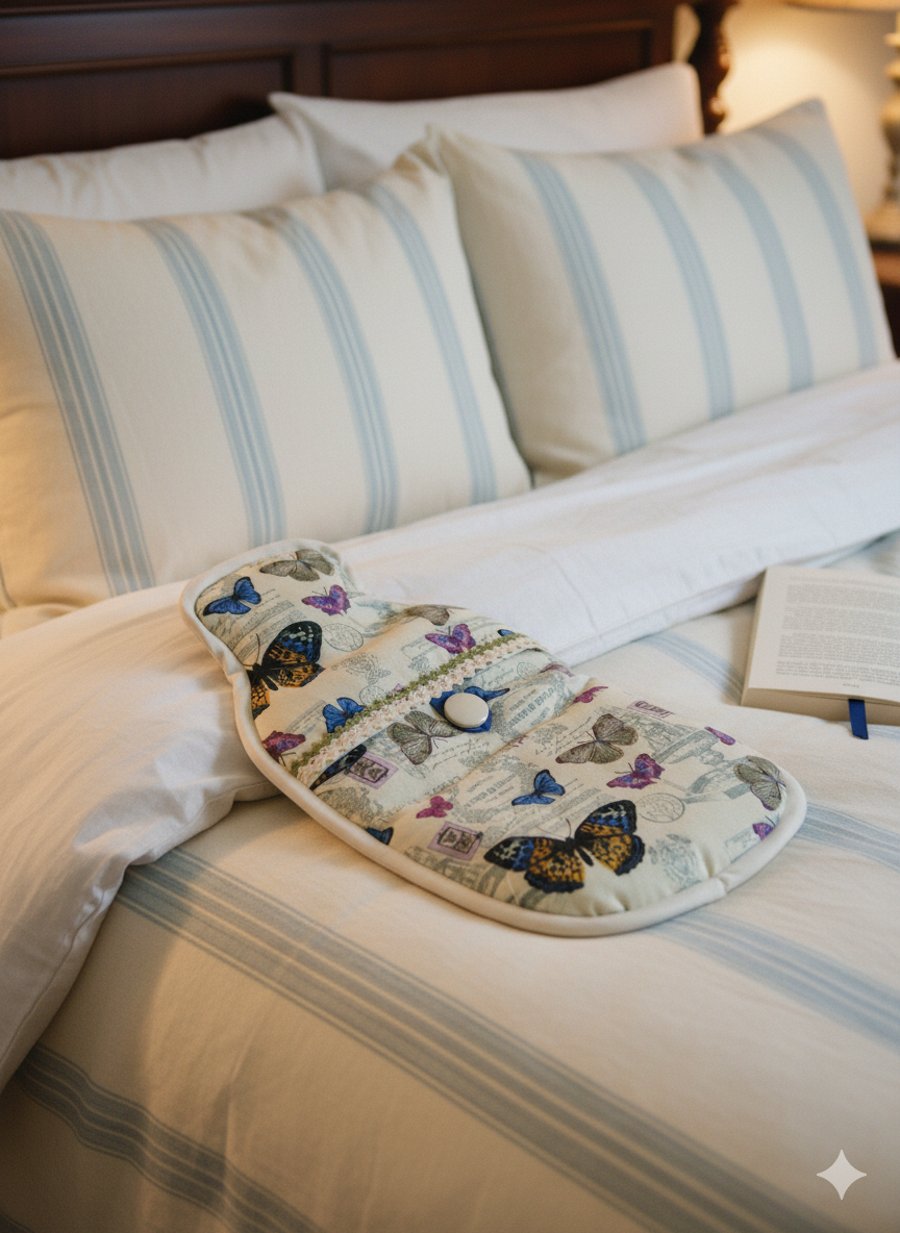 Luxury Butterfly Hot Water Bottle Cover - Vintage Style Cream & Blue Butterflies