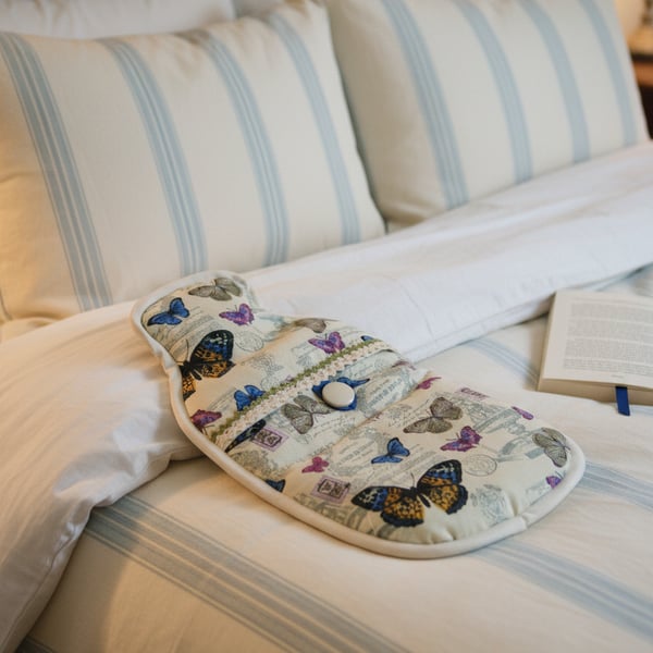 Luxury Butterfly Hot Water Bottle Cover - Vintage Style Cream & Blue Butterflies