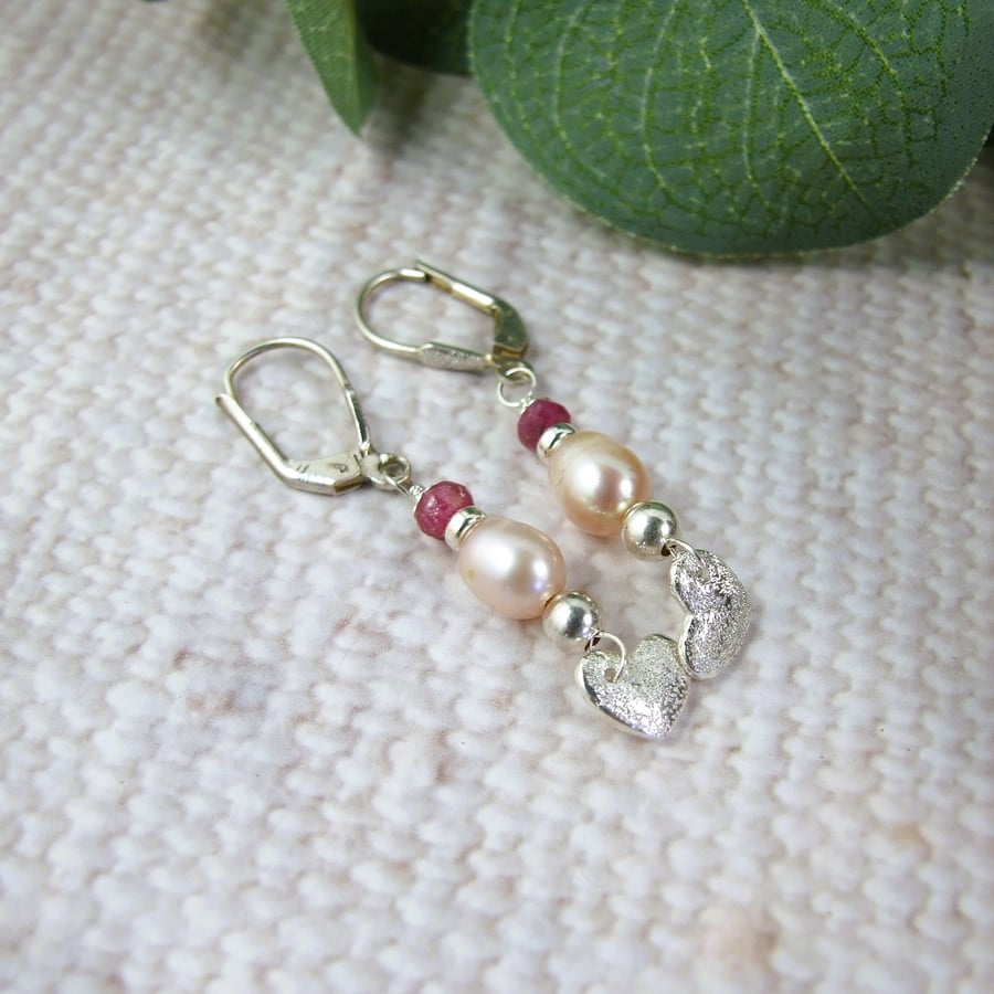 Earrings, Sterling Silver, Ruby, Champagne Pearl and Heart Droppers