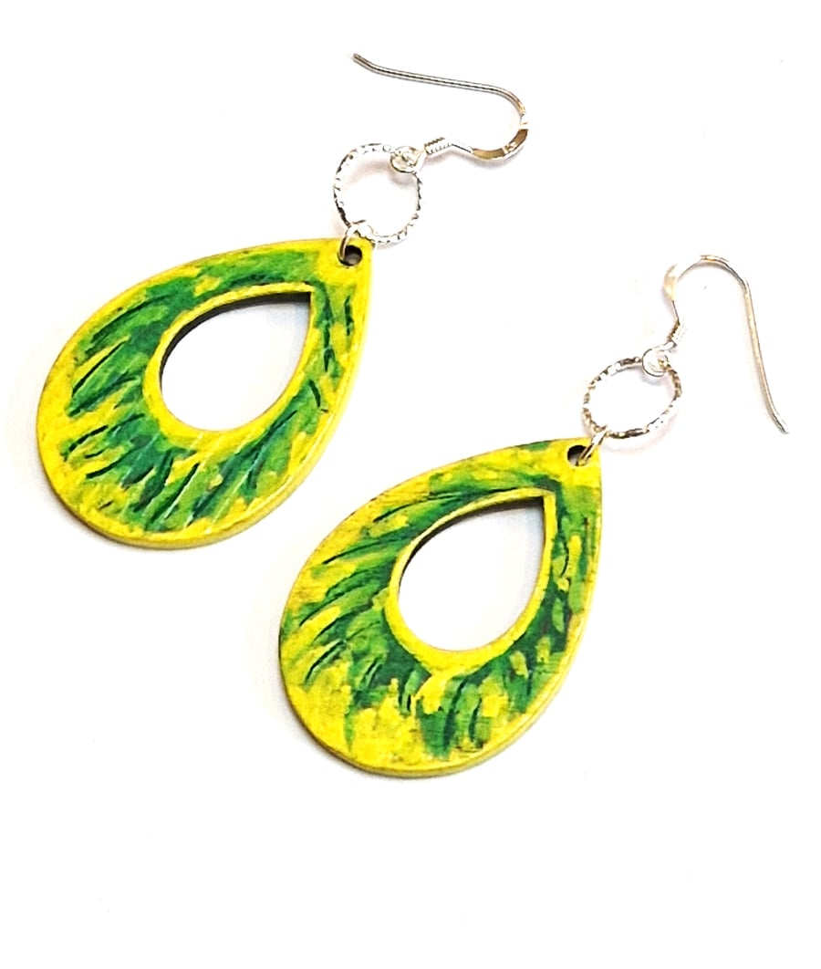 Wooden Earrings, Hand Painted Abstract Design, Green and Yellow, Sterling Silver