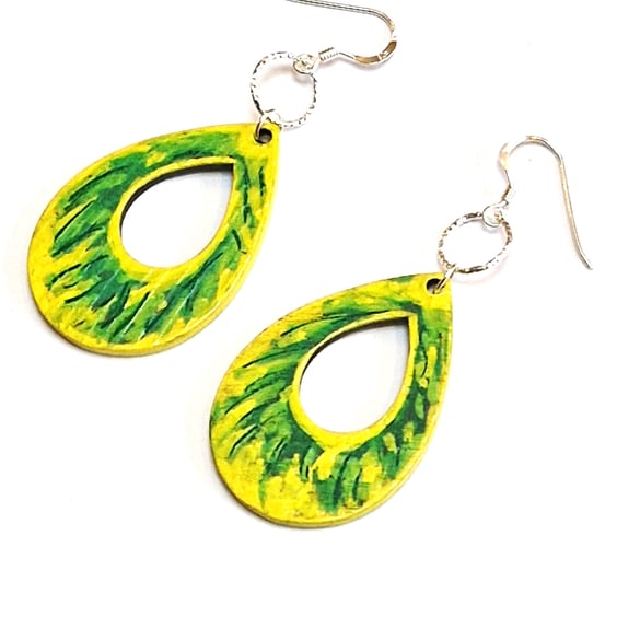 Wooden Earrings, Hand Painted Abstract Design, Green and Yellow, Sterling Silver