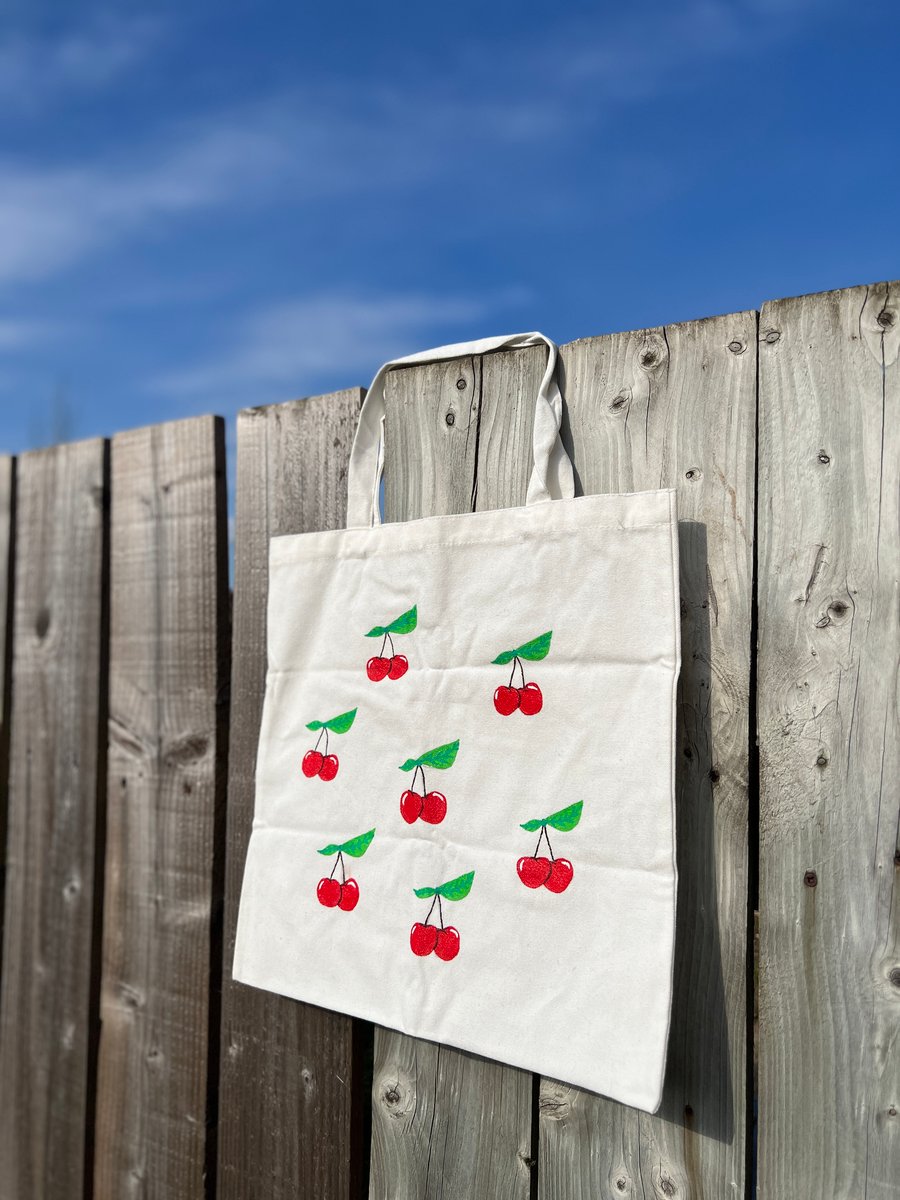 Cherry Print Handpainted Tote Bag