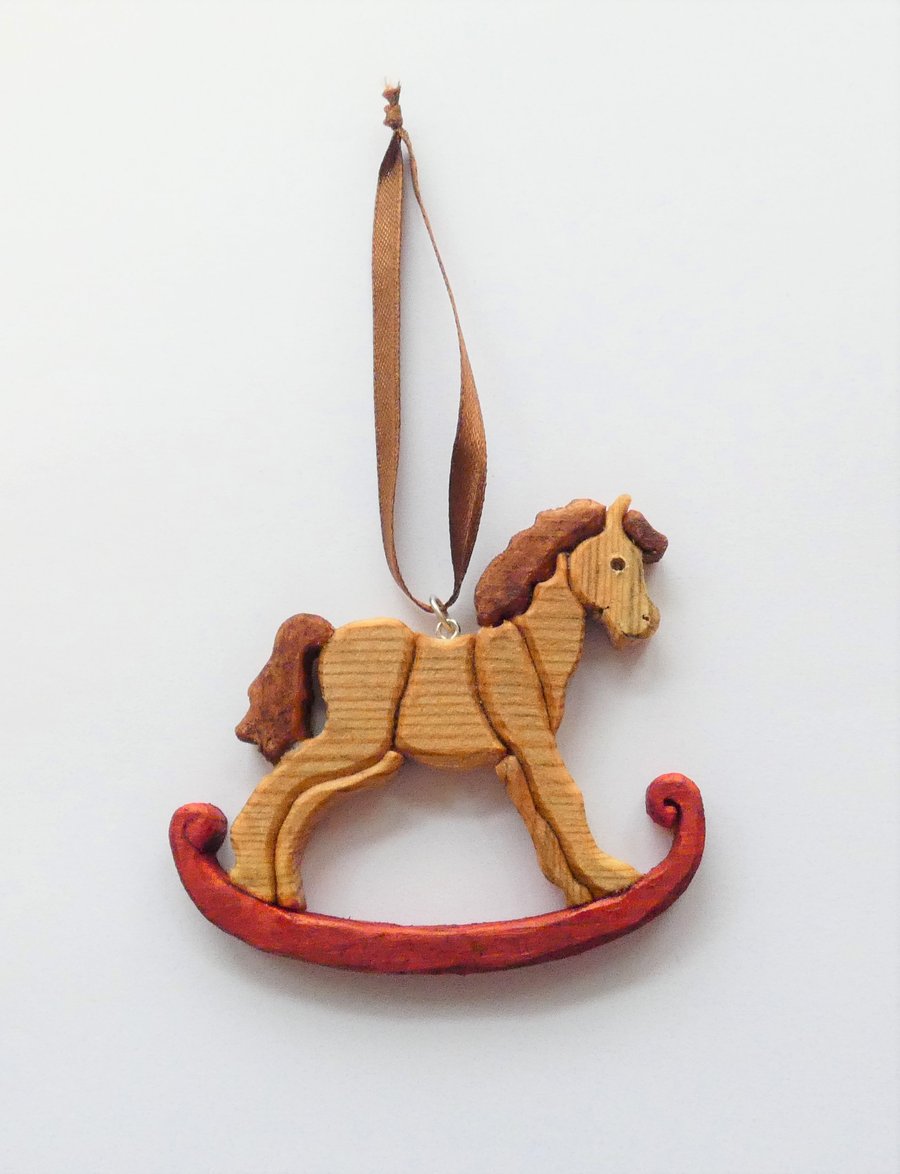 Unusual Wooden Rocking Horse Christmas Tree Ornament