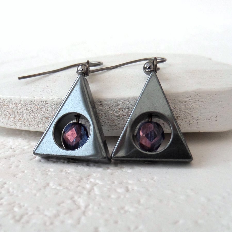 Hematite and amethyst crystal triangular earrings