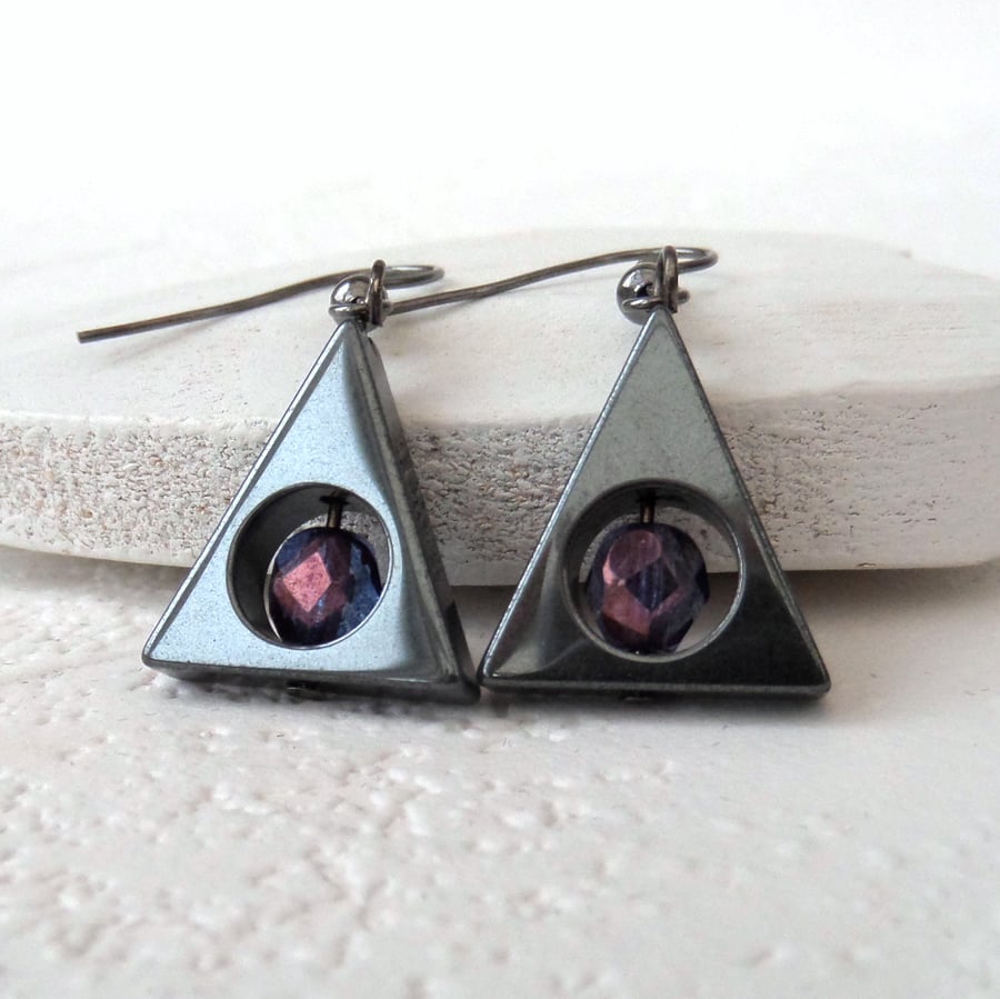 Hematite and amethyst crystal triangular earrings