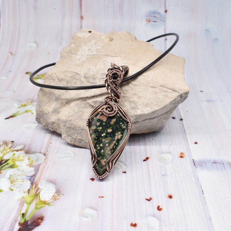Ocean Jasper and Copper Wire Wrapped Unisex Pendant