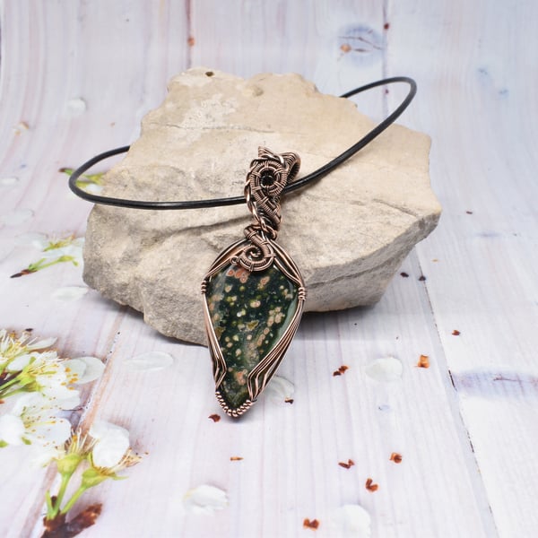Ocean Jasper and Copper Wire Wrapped Unisex Pendant