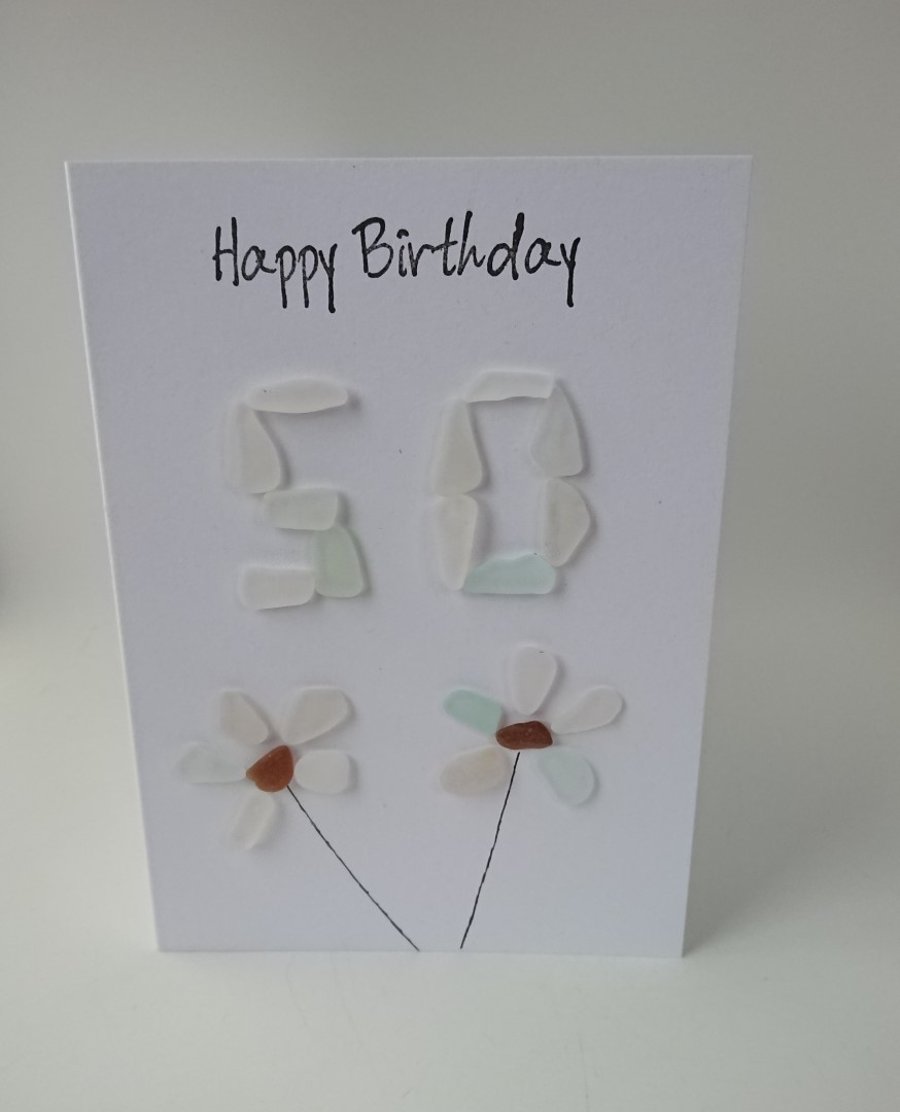 50th Happy Birthday Seafoam Sea Glass Flowers C384