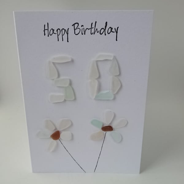 50th Happy Birthday Seafoam Sea Glass Flowers C384