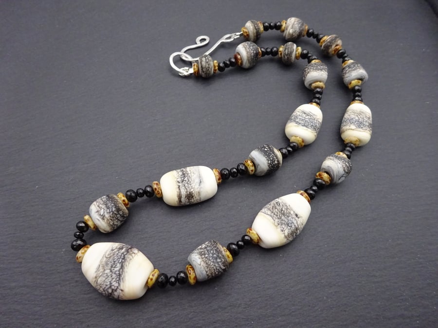 lampwork glass beaded necklace, black and ivory jewellery