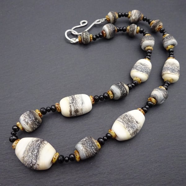 lampwork glass beaded necklace, black and ivory jewellery