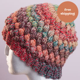 Hat-handmade crochet puff stitch beanie hat autumnal colours