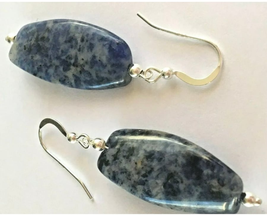 Blue Gemstone (Sodalite) Drop Earrings. Sterling Silver Shepherd Hooks