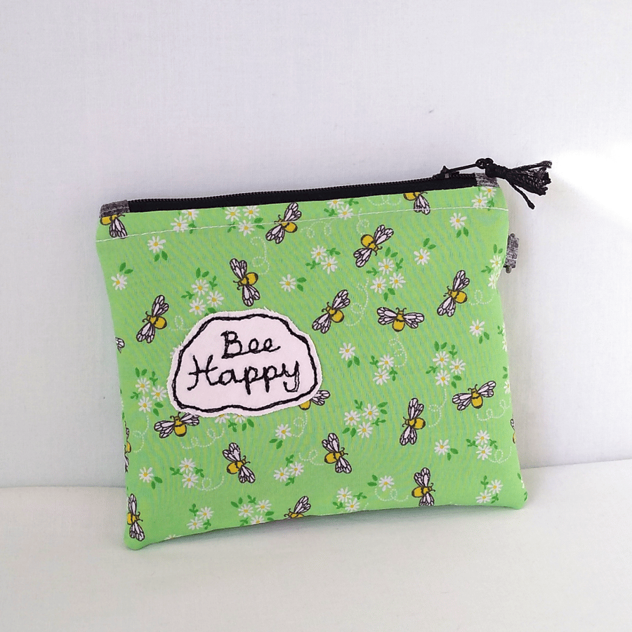 Be Happy small, zipped pouch, bees and flowers, POSTAGE INCLUDED