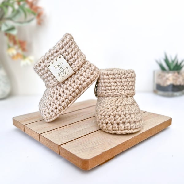 Born in 2027 Crochet Baby Booties – New Baby Keepsake Gift