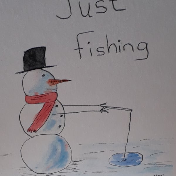 Snowman Just Fishing, white A6 Blank card printed from original