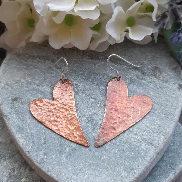  Copper Heart Earrings With Sterling Silver Ear Wires Vintage