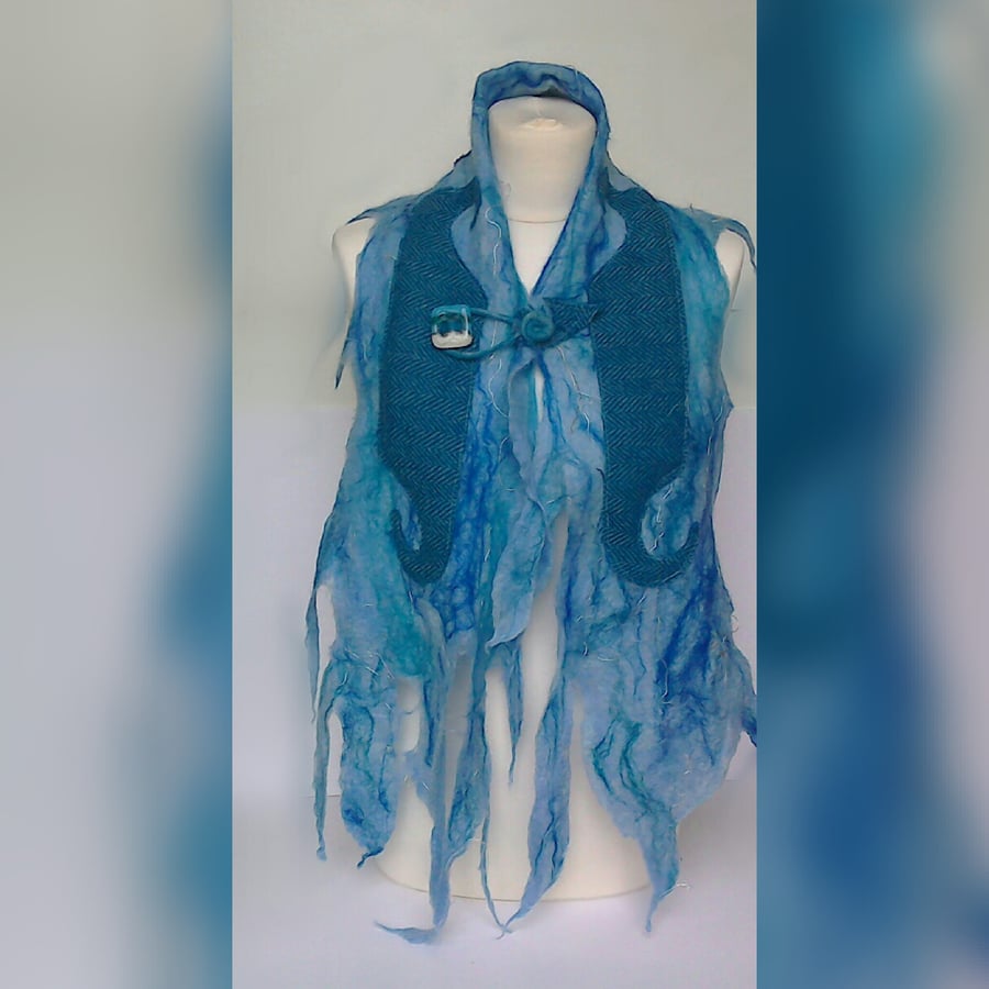 Scarf, hand felted seascape scarf with Harris Tweed 