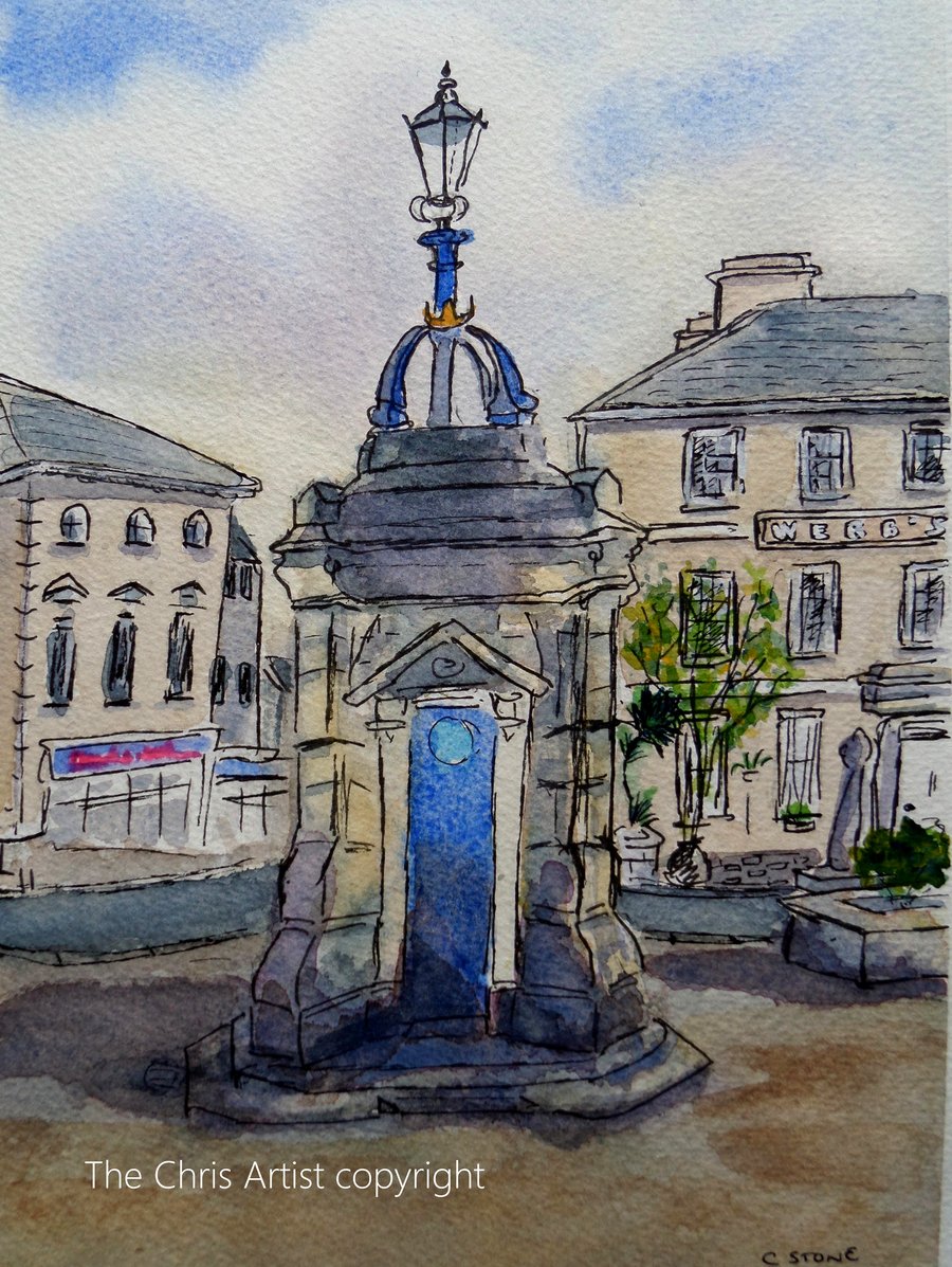 Watercolour pen and wash painting Liskeard Cornwall Webb's House and Fountain 