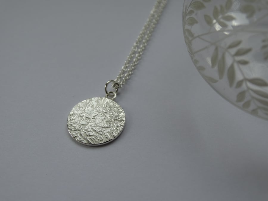 Silver disc pendant - Winter Solstice - textured recycled sterling silver