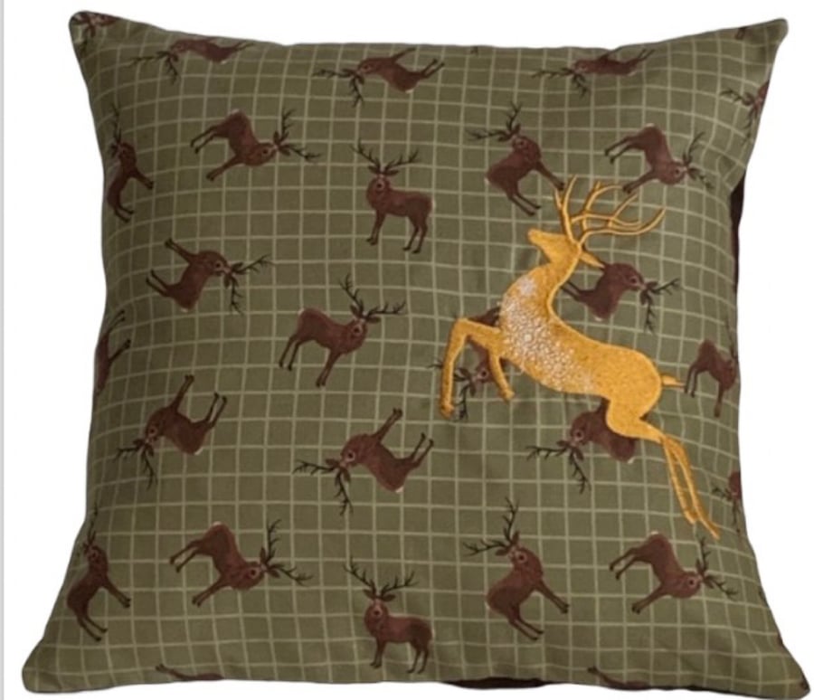 Gold Christmas Stag Embroidered Cushion Cover 14”x14” Last One