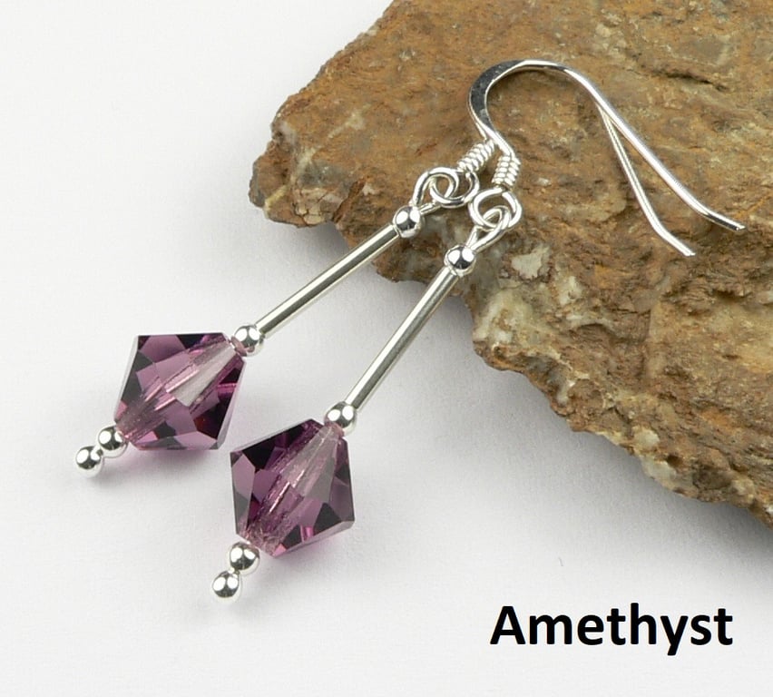 Purple Preciosa crystal drop earrings, sterling silver, 8mm, bicone