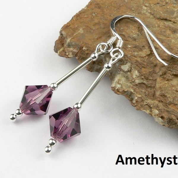 Purple Preciosa crystal drop earrings, sterling silver, 8mm, bicone