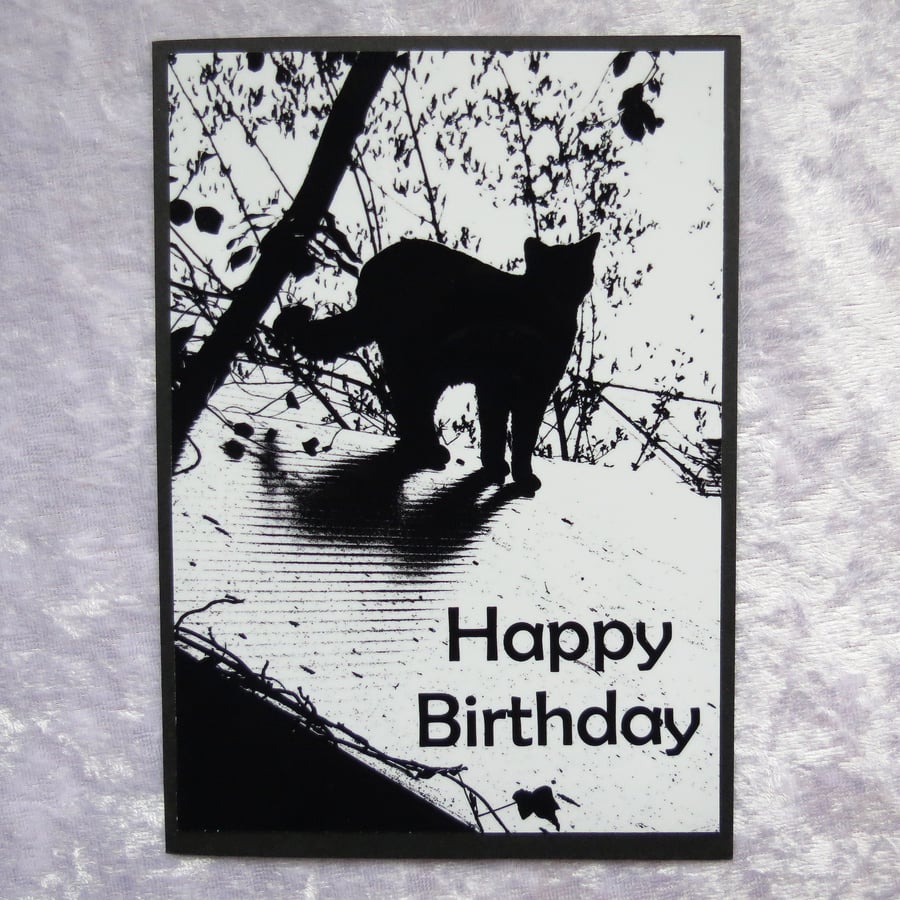Happy Birthday.  Black Cat.  Blank inside for your own message.  Birthday card.