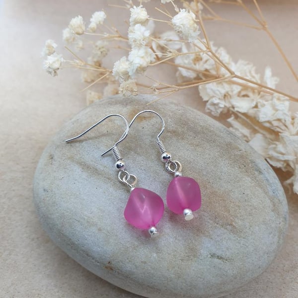 handmade silver plated earrings with hot pink faux sea glass beads 