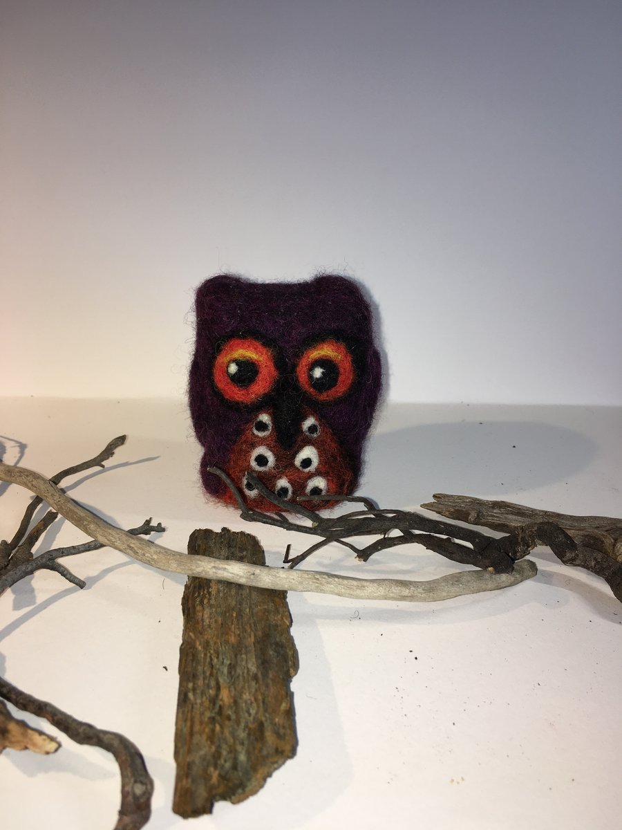 Burgandy and orange needle felted owl