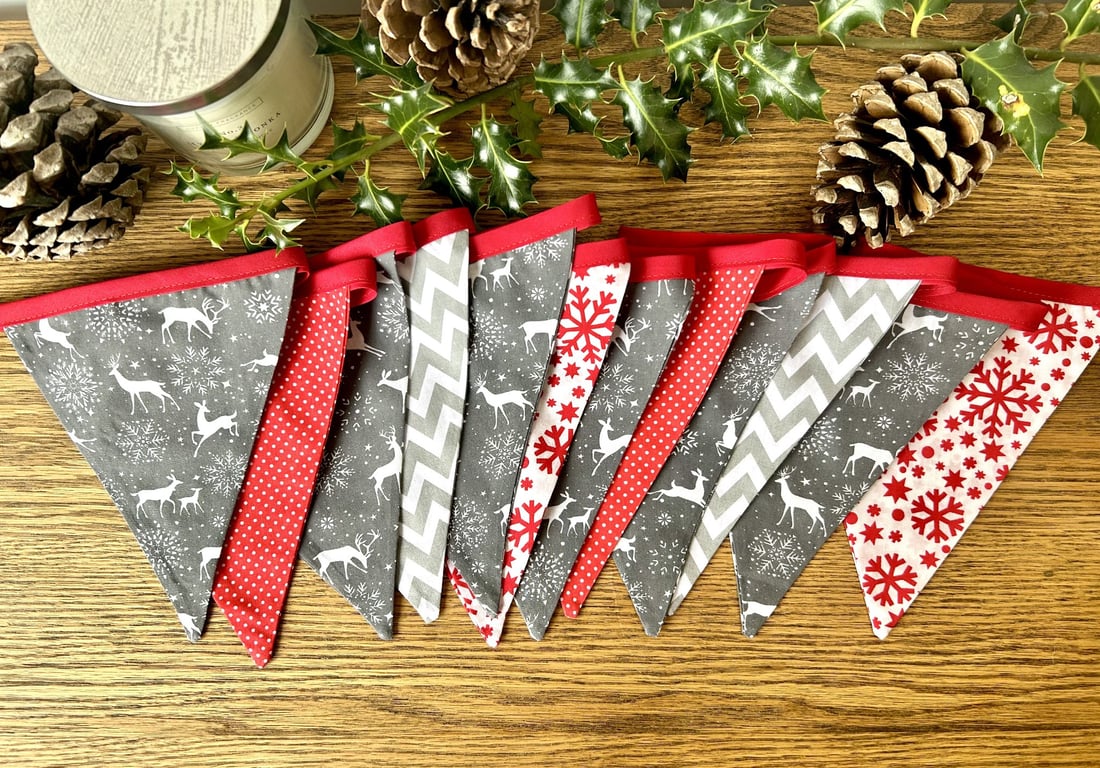 Handmade Red & Grey Reindeer Christmas Bunting - Handmade Fabric Garland