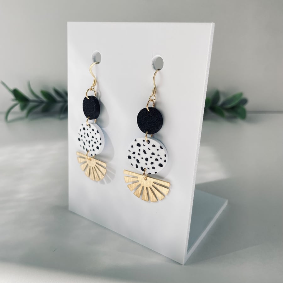 Black and White Spotted Circle Earrings with Brass Sunburst Drops